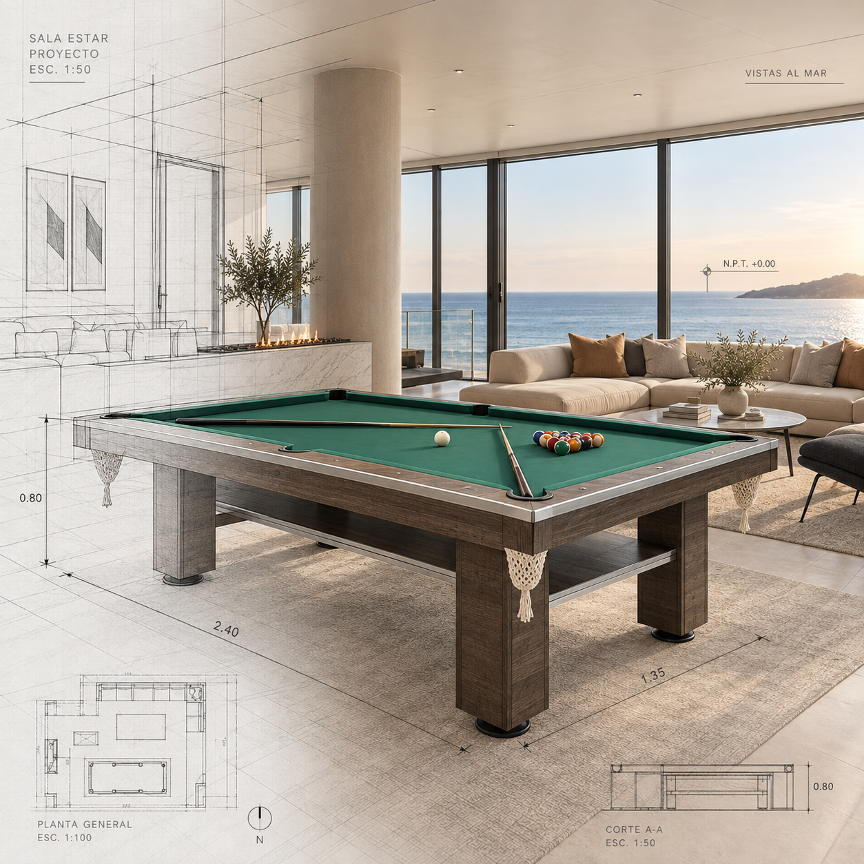 Mesa Black Star Pool con paño verde y estructura wengué en un living con vistas al mar